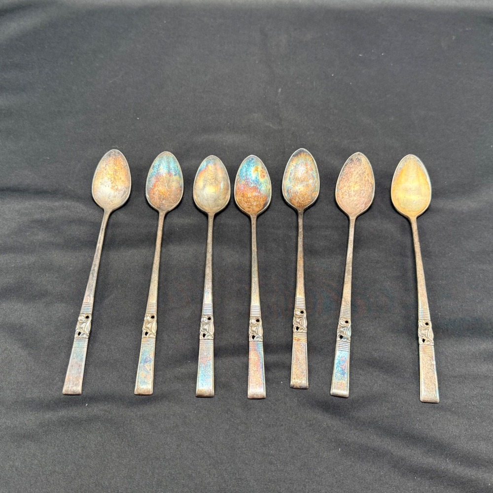 Vintage Community Morning Star Silverplate Iced Tea Spoons Set of 7 Pierced 7.5"